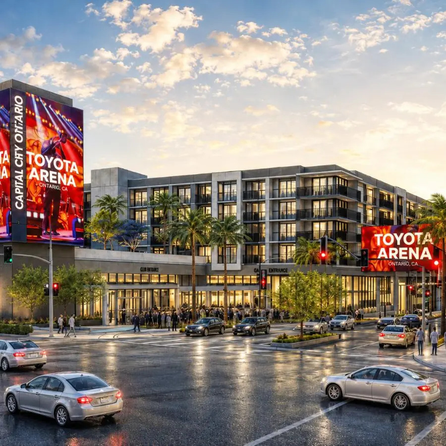Toyota Arena on a game night, screens lit above the entrance