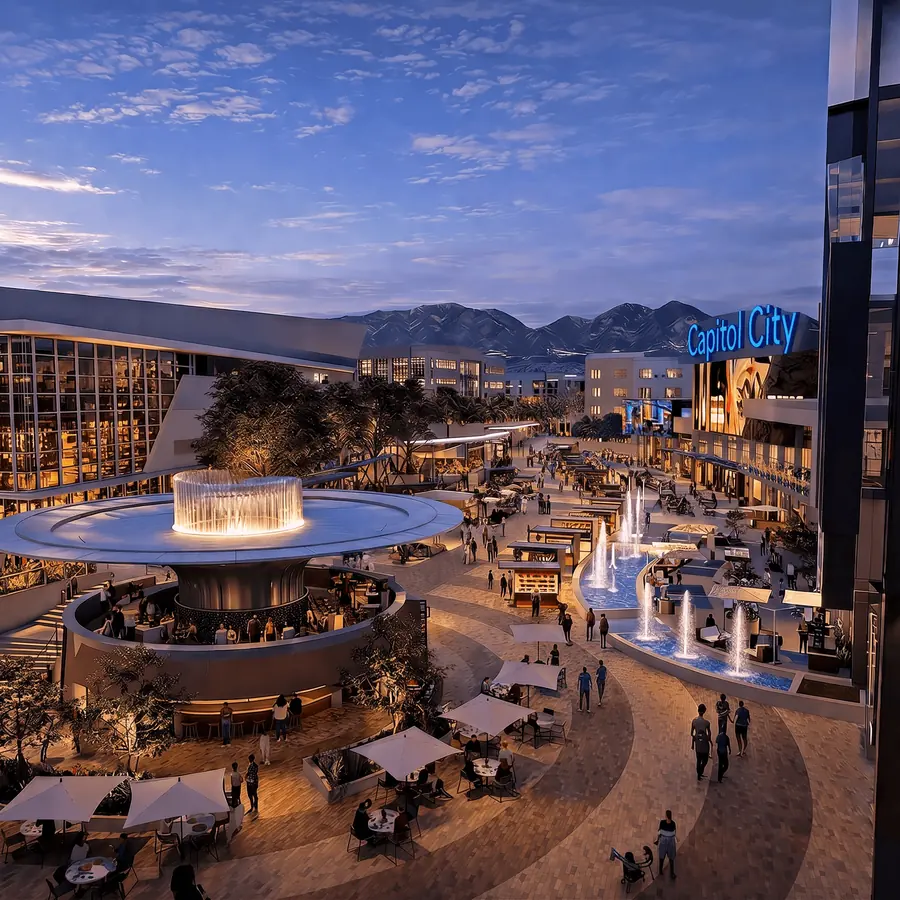 The Plaza at dusk, fountains running and terraces filled