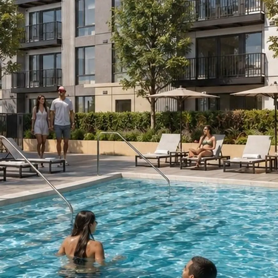 Residences above the plaza, with the pool deck in front